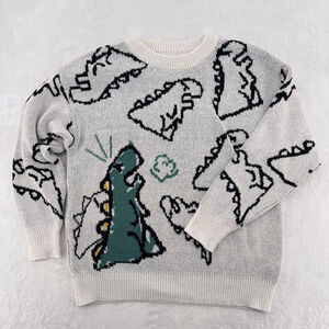 Dinosaur Print Novelty Sweater Crewneck All Over Print White Green Funny Medium